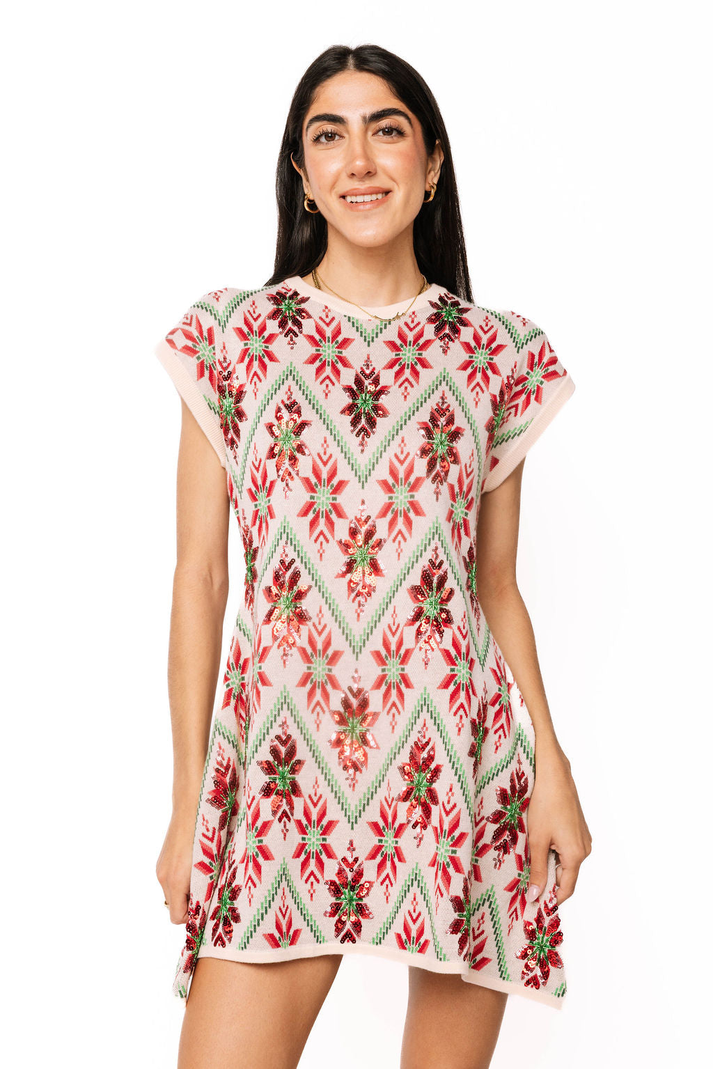 Beige, Green & Red Flower Print Christmas Sweater Dress