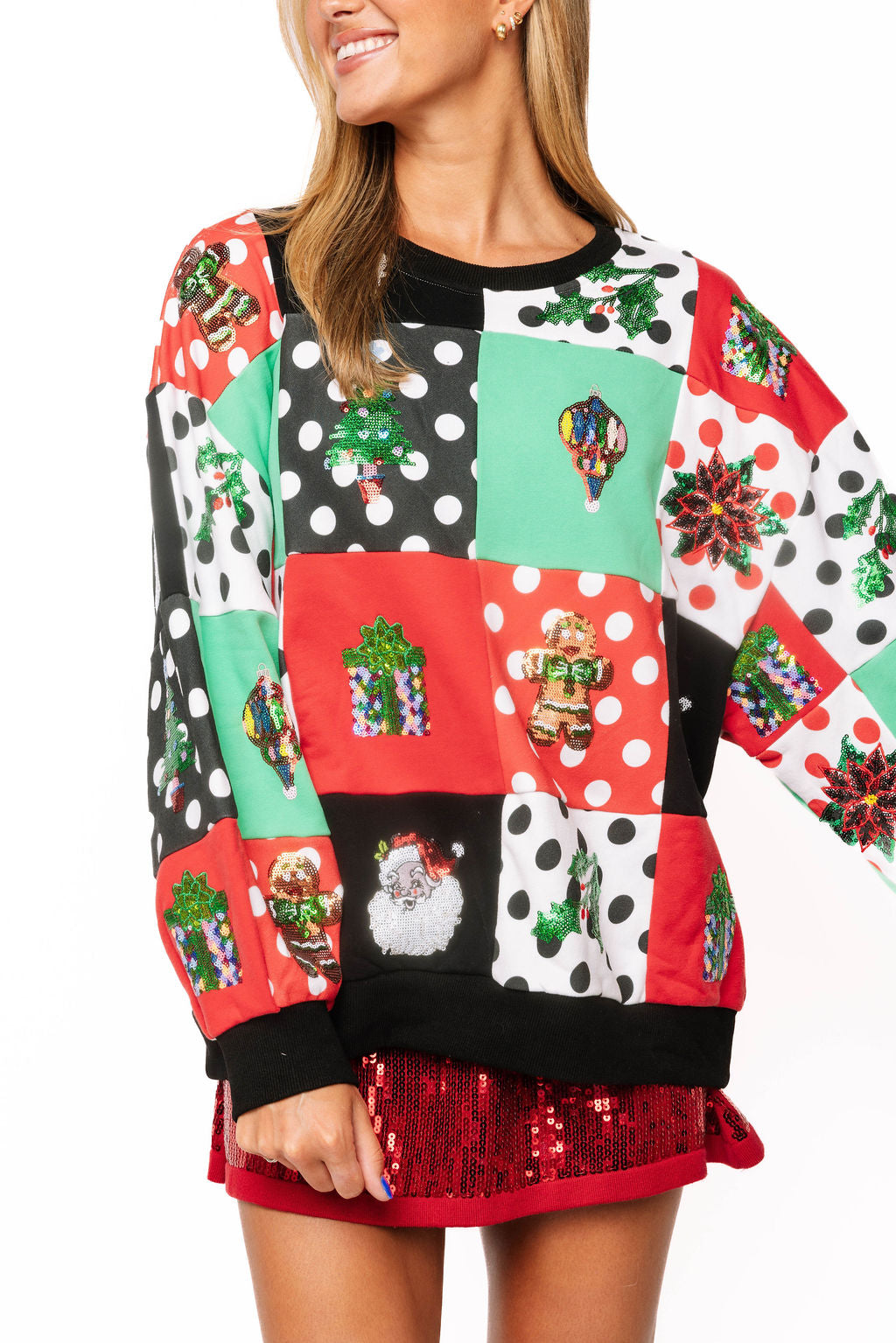Multi Colorblock Polka Dot Christmas Icon Sweatshirt