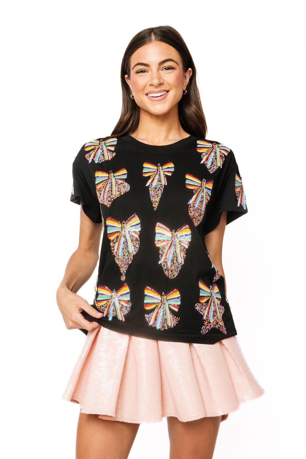 Sample Black Multi Rainbow Beaded Ornament & Bows Tee