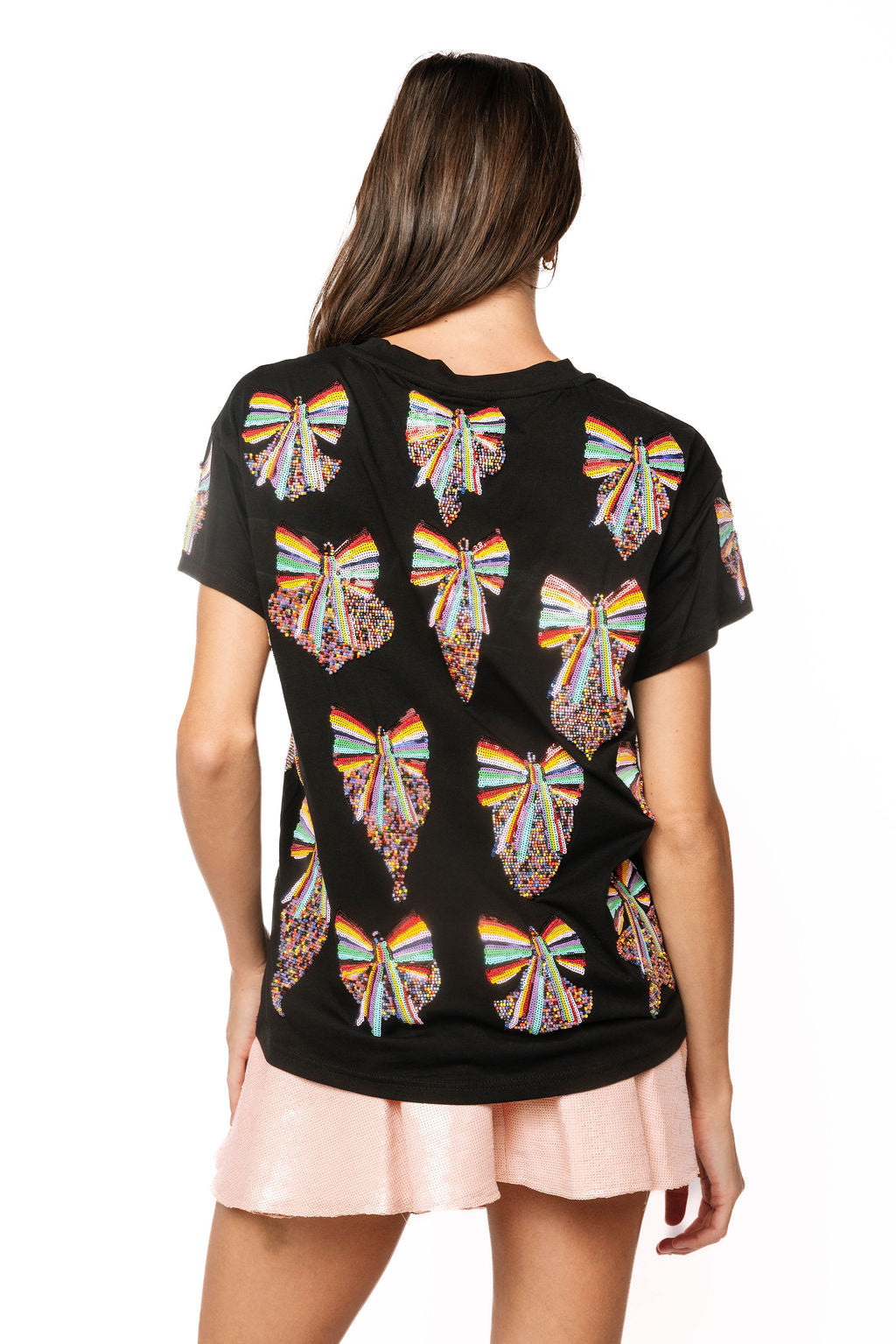 Sample Black Multi Rainbow Beaded Ornament & Bows Tee