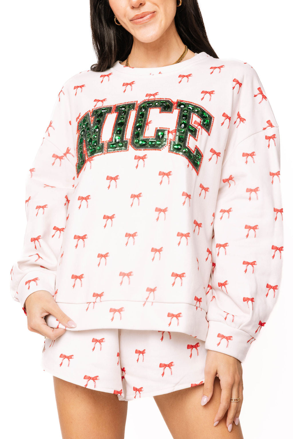 White & Red Bow 'Nice' Sweatshirt