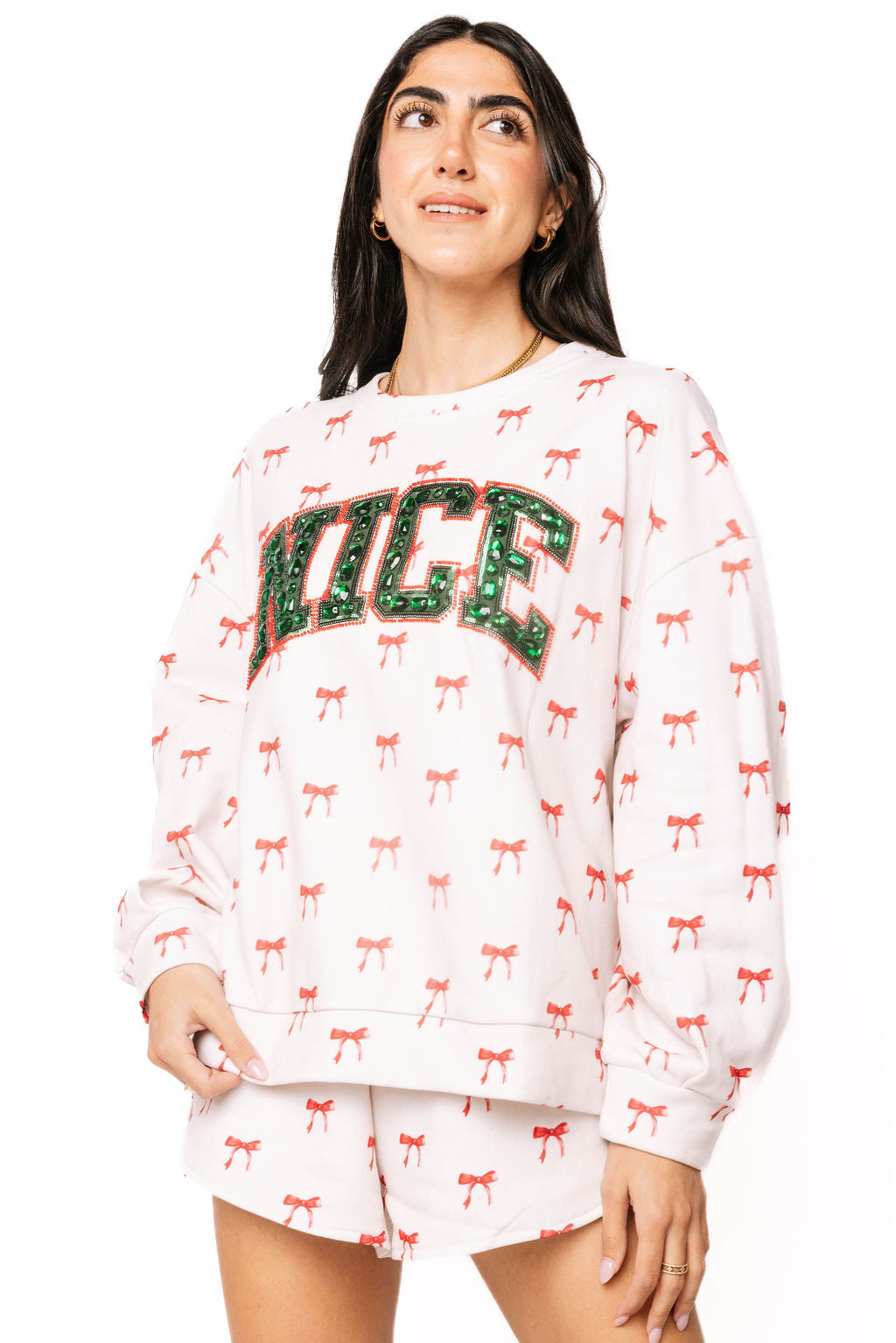 White & Red Bow 'Nice' Sweatshirt