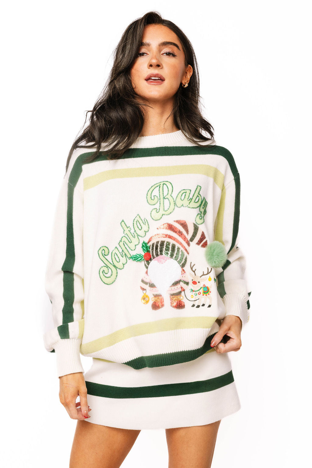 Ivory & Green Striped 'Santa Baby' Gnome Sweater