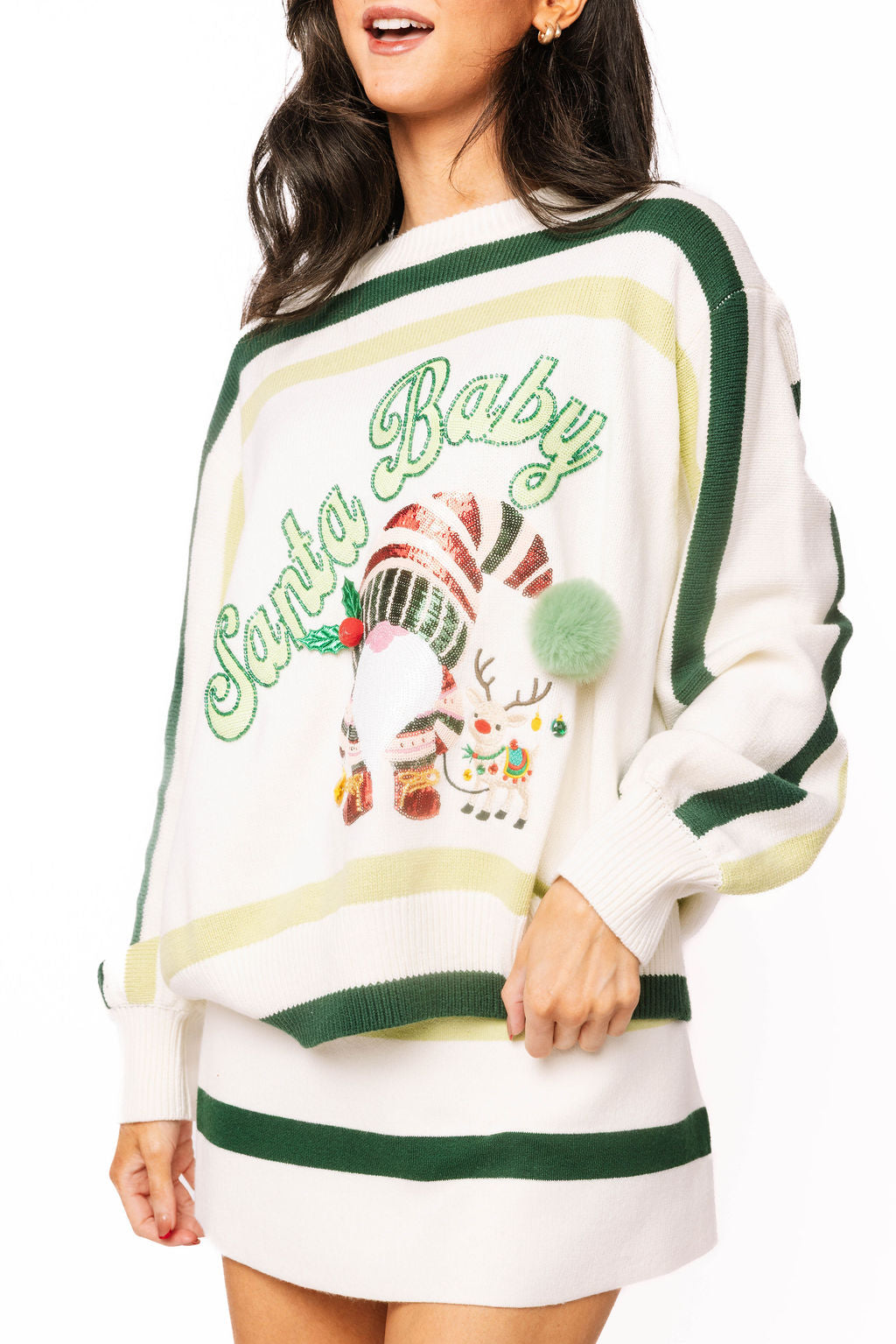 Ivory & Green Striped 'Santa Baby' Gnome Sweater
