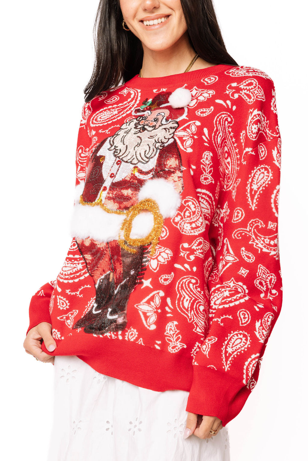 Red & White Paisley Print Cowboy Santa Sweater