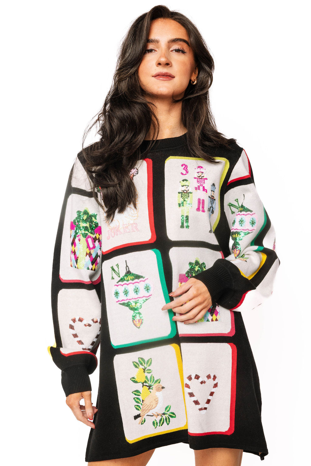 Sample Black Christmas Mahjong Tiles Knit Sweater Dress