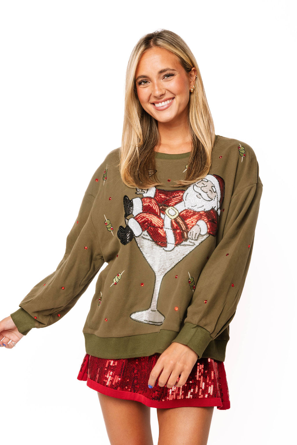 Olive Green Santa in a Martini Glass Sweatshirt