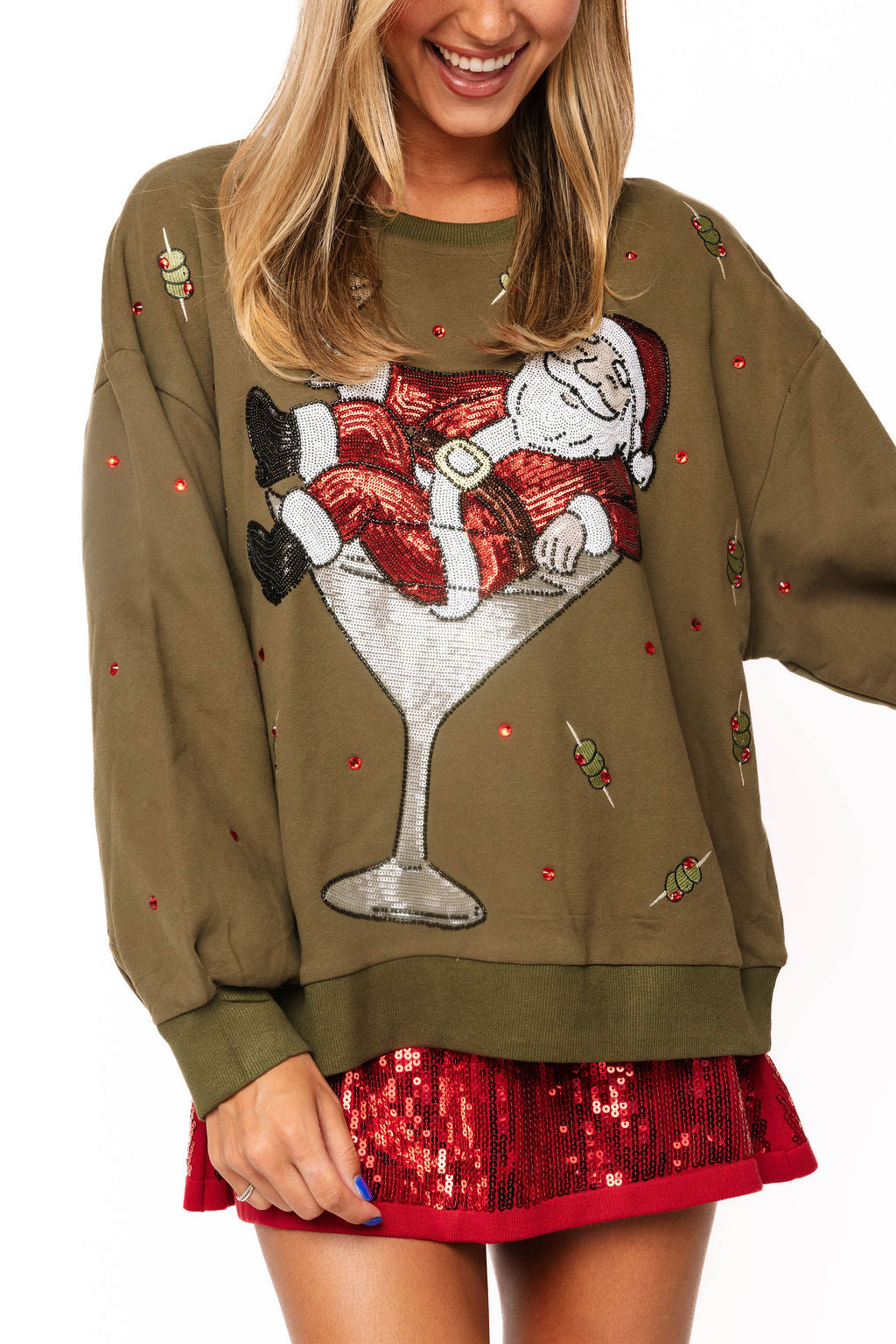 Olive Green Santa in a Martini Glass Sweatshirt
