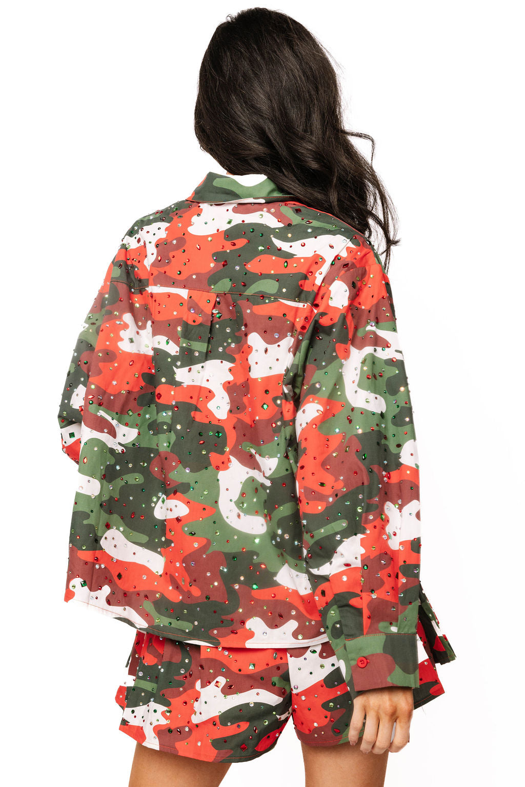 Sample Red, Green & White Rhinestone Camo Button Up Top & Pleated Short Set