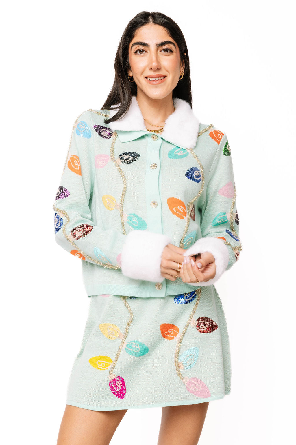 Sample Mint Multi Christmas Light Fur Collar & Sleeve Button Up Knit Top & Skirt Set