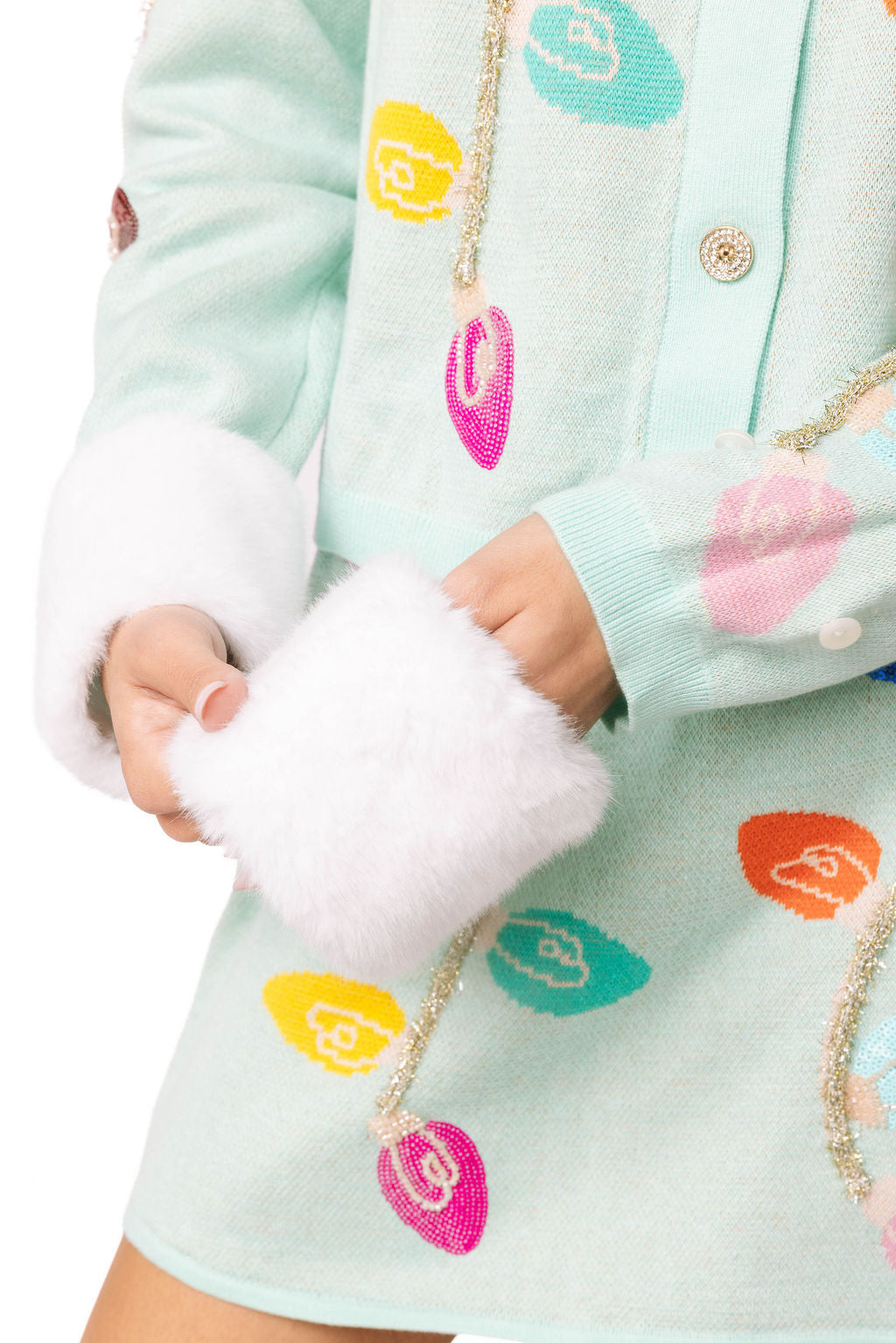 Sample Mint Multi Christmas Light Fur Collar & Sleeve Button Up Knit Top & Skirt Set
