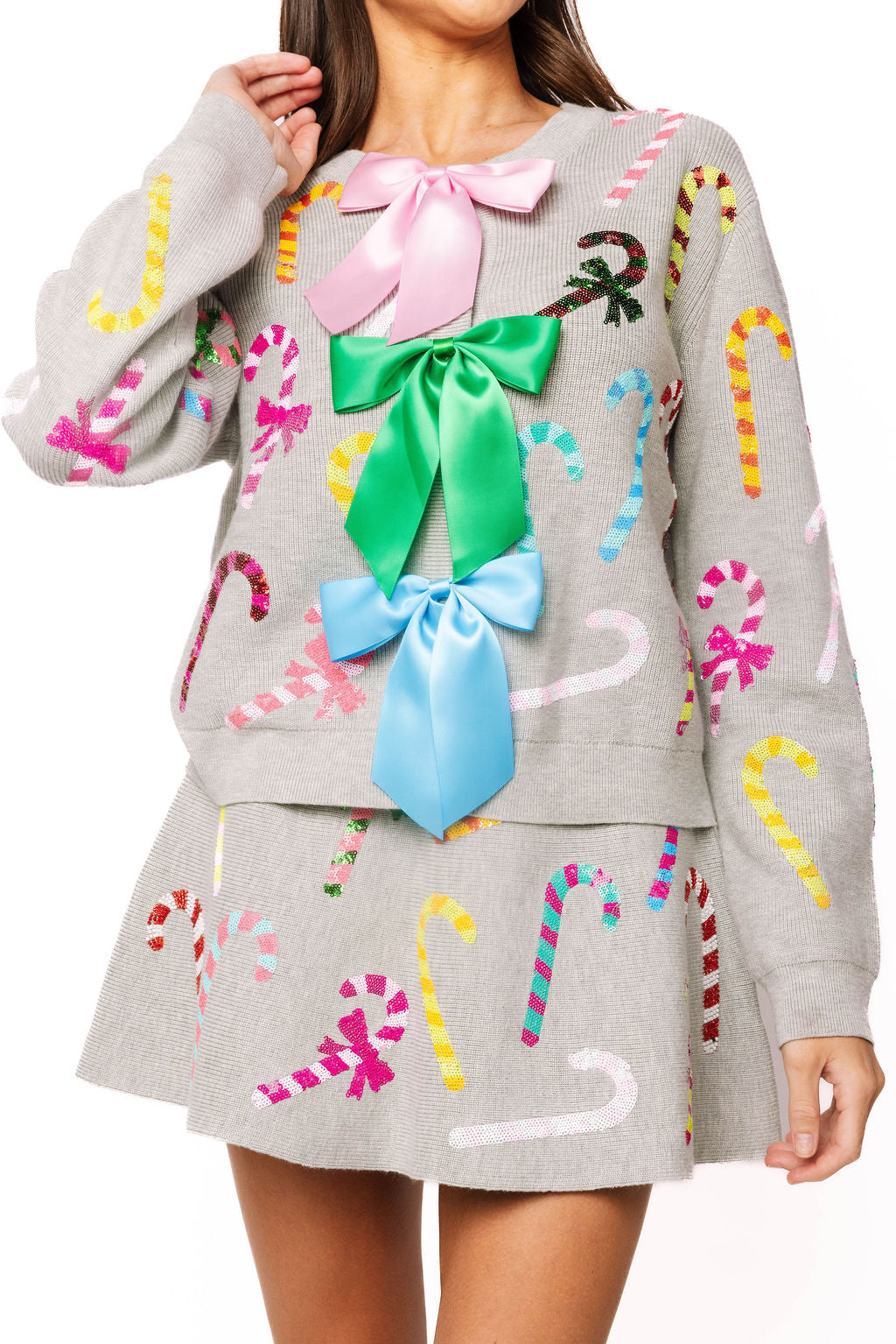 Grey Multi Candy Cane Multi Bow Sweater