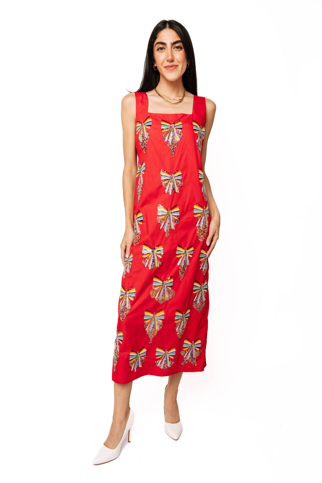 Red Multi Beaded Bow Ornament Cotton Midi Dress