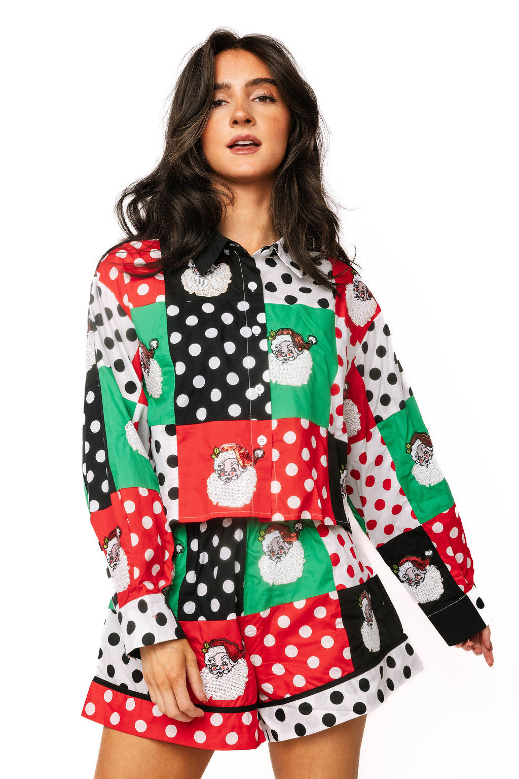 Multi Colorblock Polka Dot Christmas Icon Cotton Top