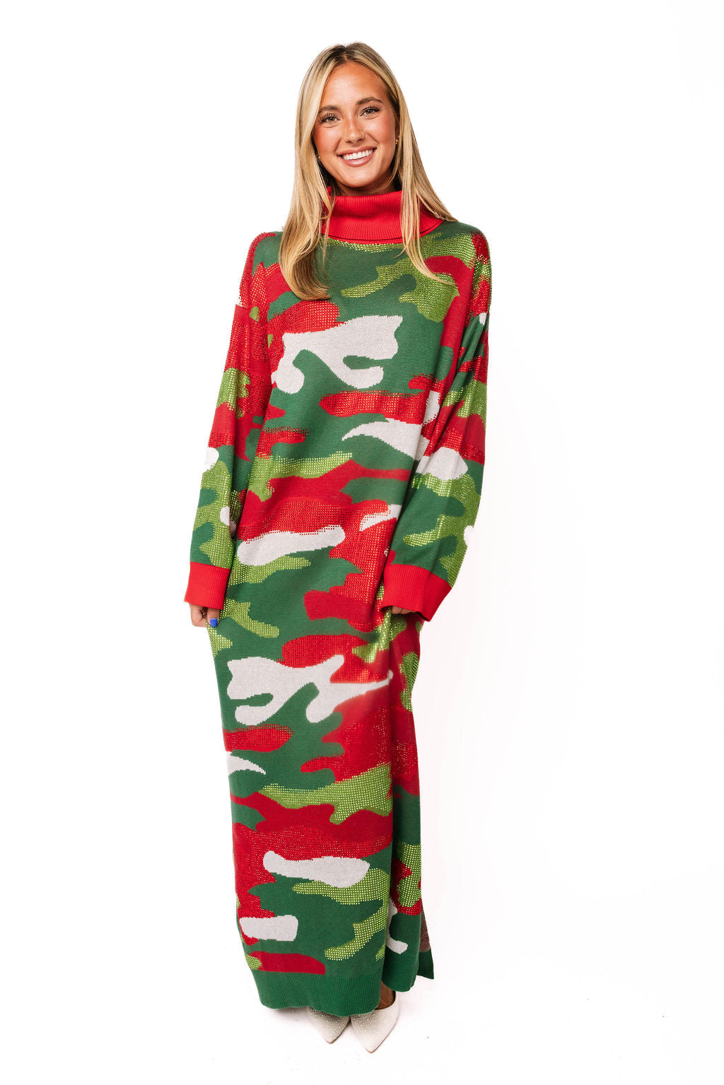 Sample Red, Green & White Camo Knit Midi Turtleneck Dress