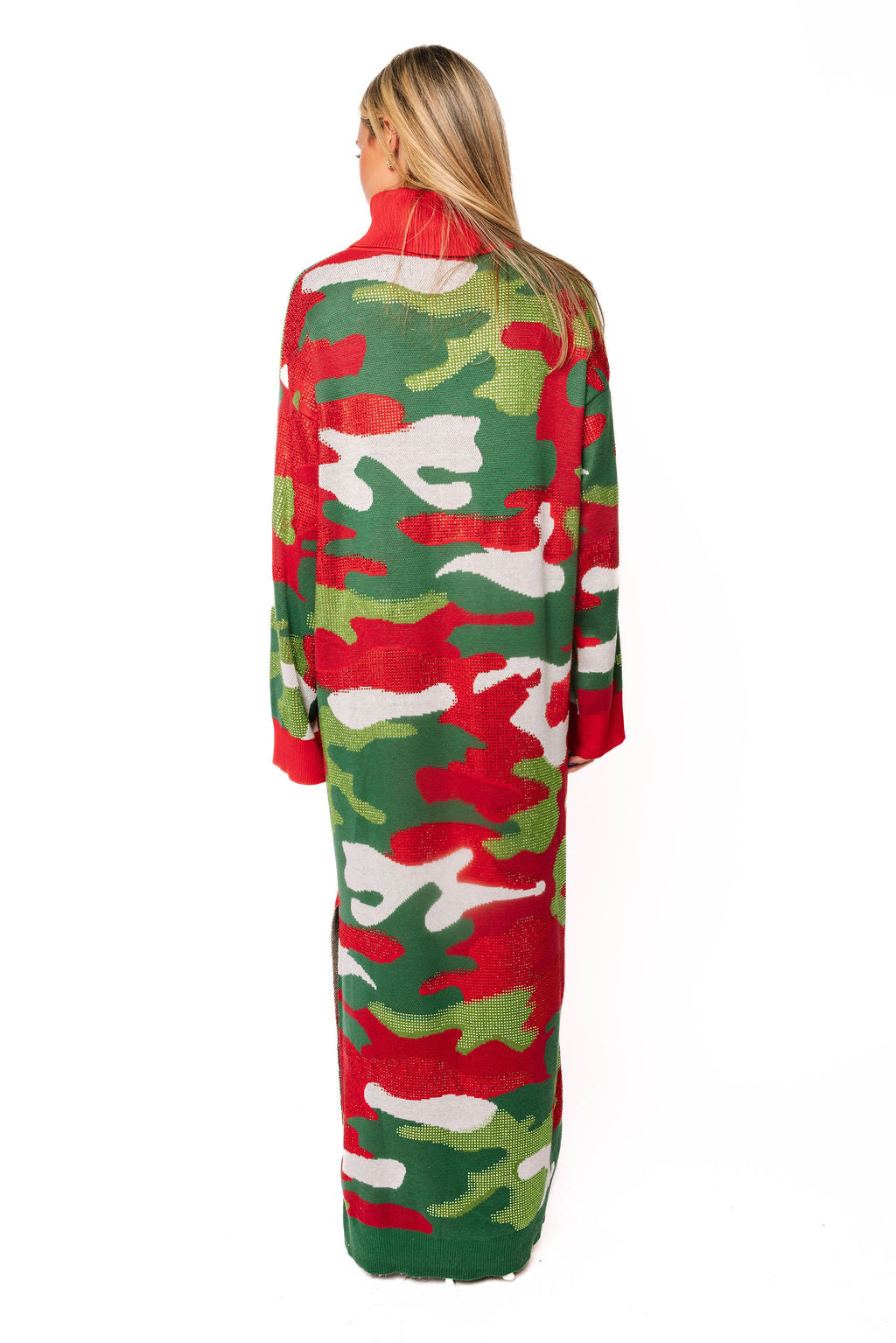 Sample Red, Green & White Camo Knit Midi Turtleneck Dress