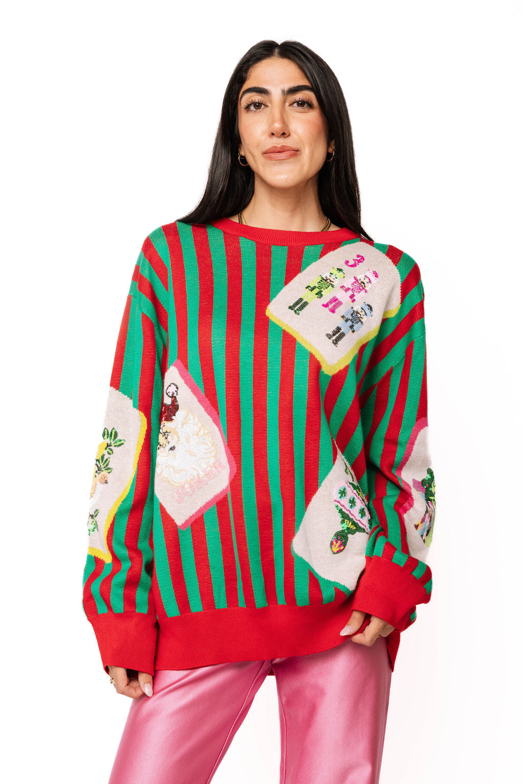 Red & Green Striped Christmas Mahjong Tile Sweater