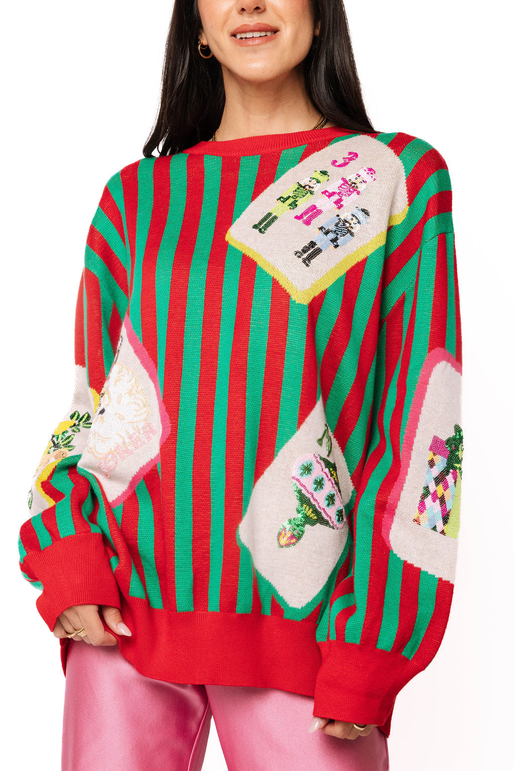 Red & Green Striped Christmas Mahjong Tile Sweater