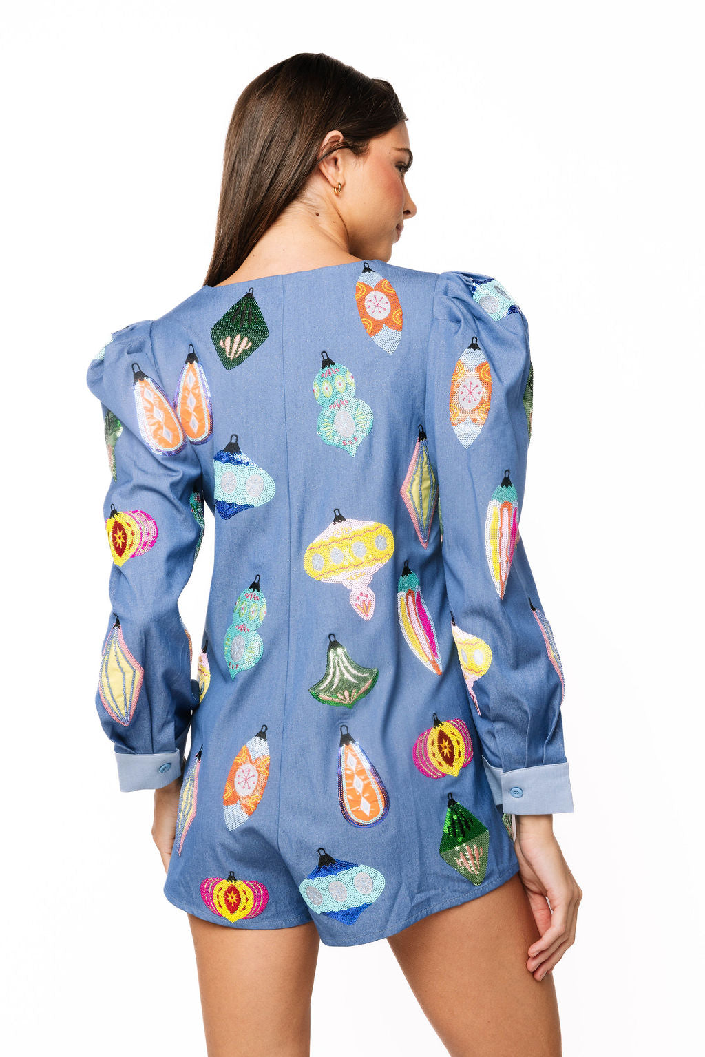 Sample Denim Multi Ornament Tie Long Sleeve Romper