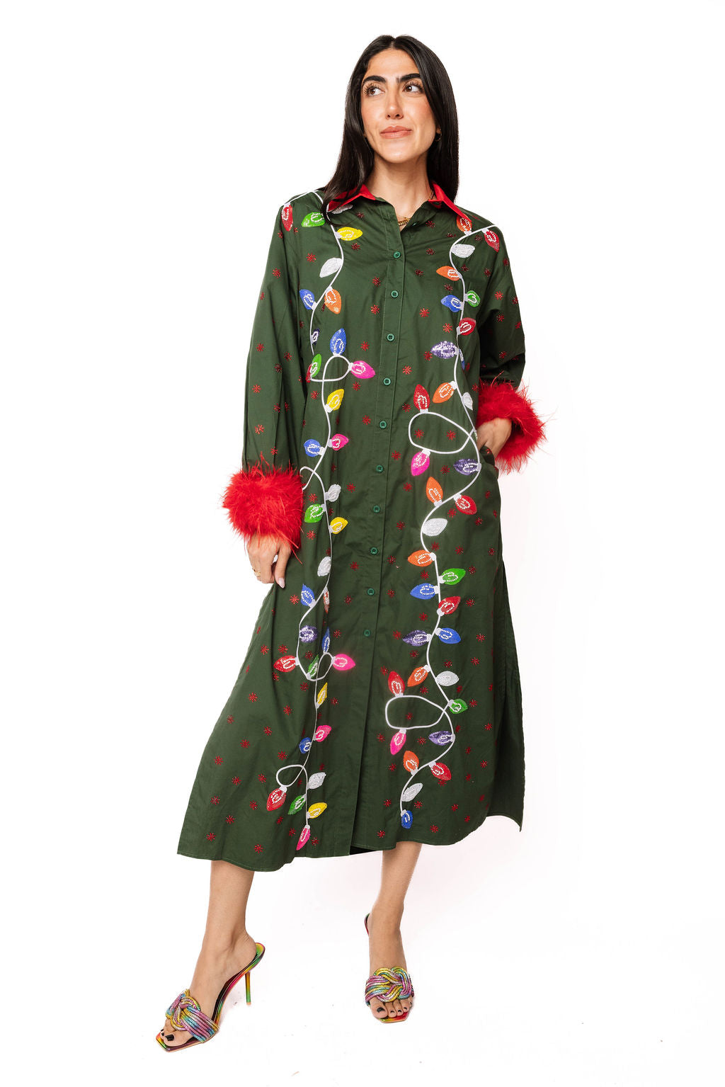 Dark Green Multi Christmas Lights Feather Trim Midi Dress