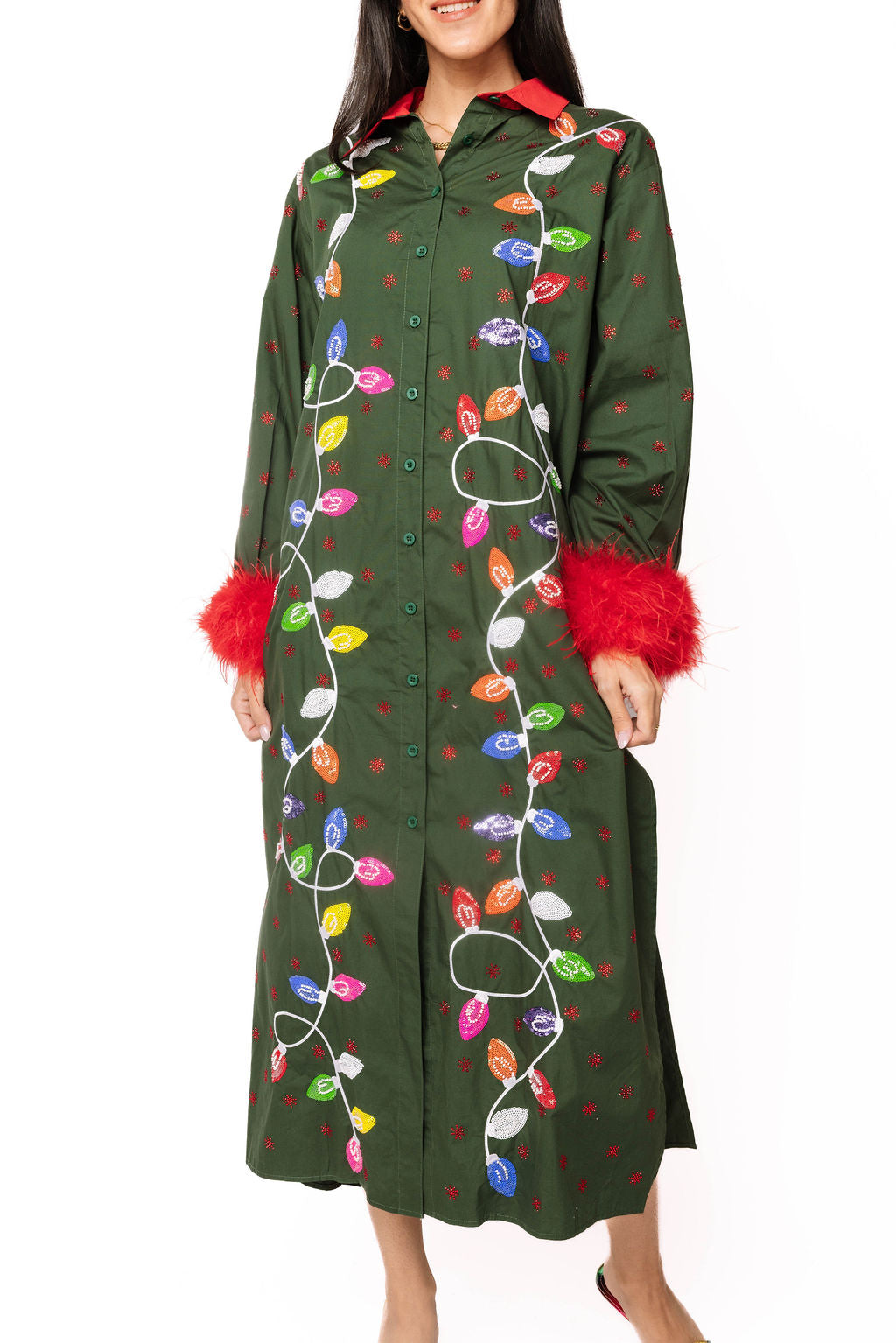 Dark Green Multi Christmas Lights Feather Trim Midi Dress