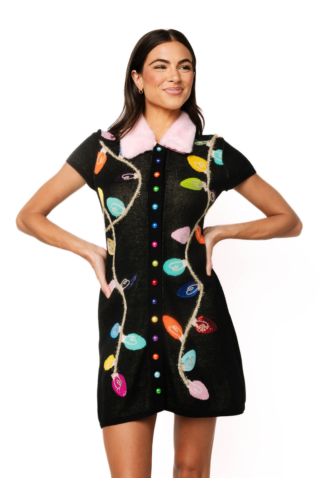 Black Multi Christmas Light Knit Fur Collar Dress