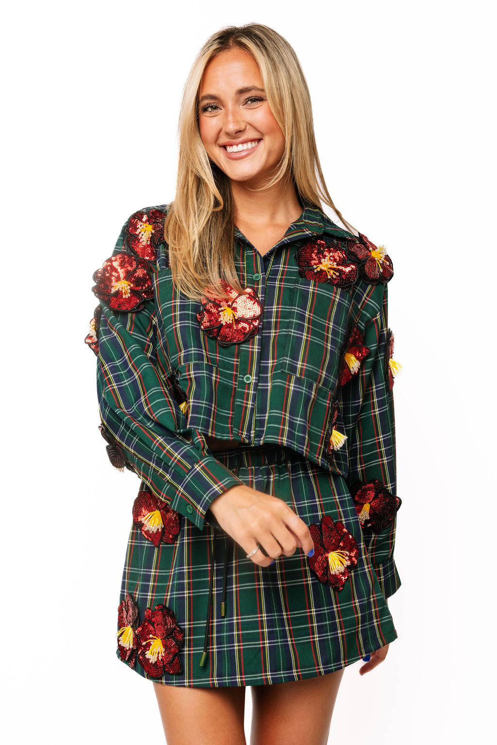 Sample Dark Green Plaid 3D Red Sequin Flower Button Up Top & Skort Set