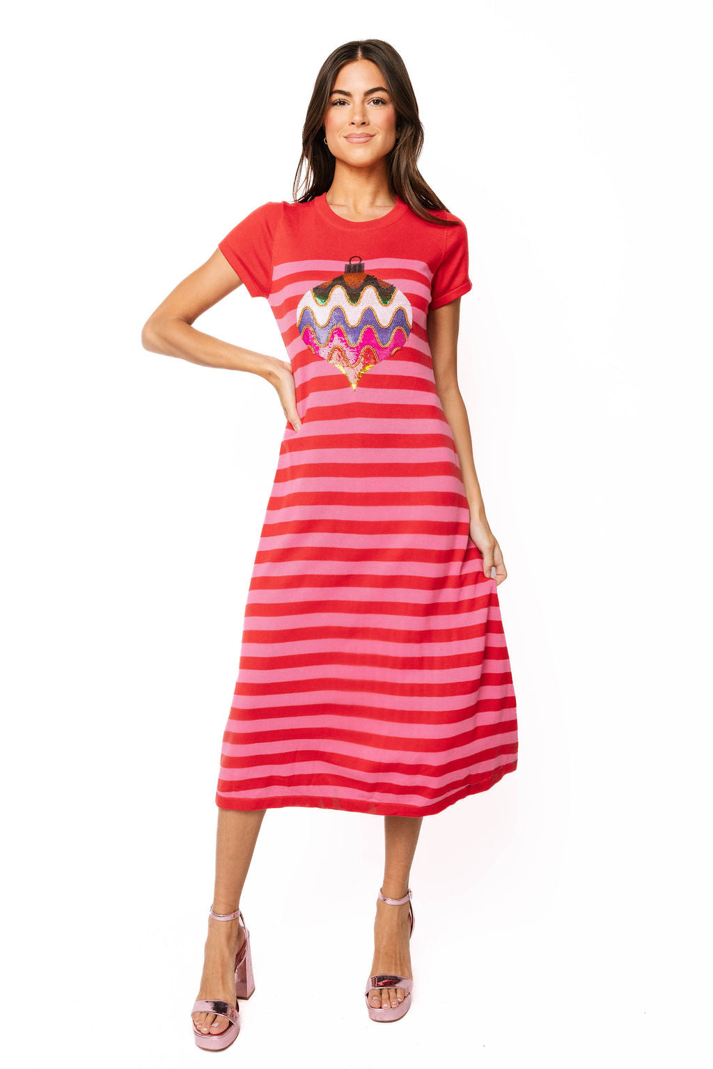 Pink Striped Knit Multi Ornament Midi Dress