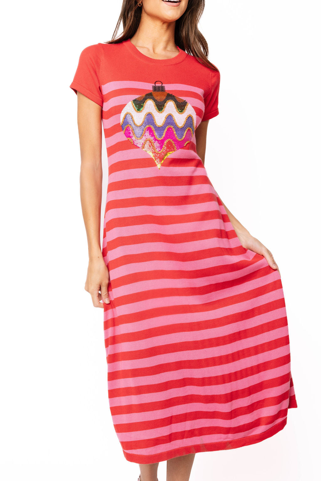 Pink Striped Knit Multi Ornament Midi Dress