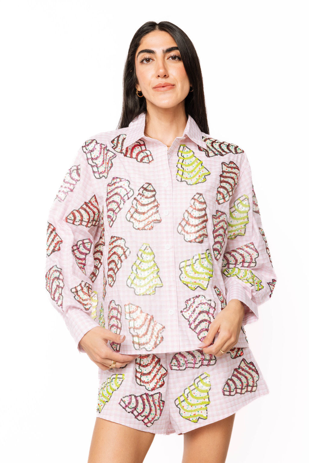 Pink Gingham Christmas Tree Cookies Cotton Top