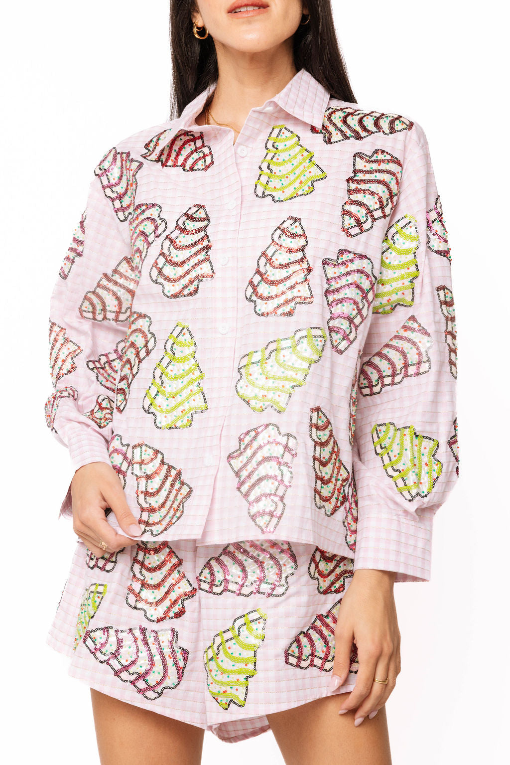 Pink Gingham Christmas Tree Cookies Cotton Top