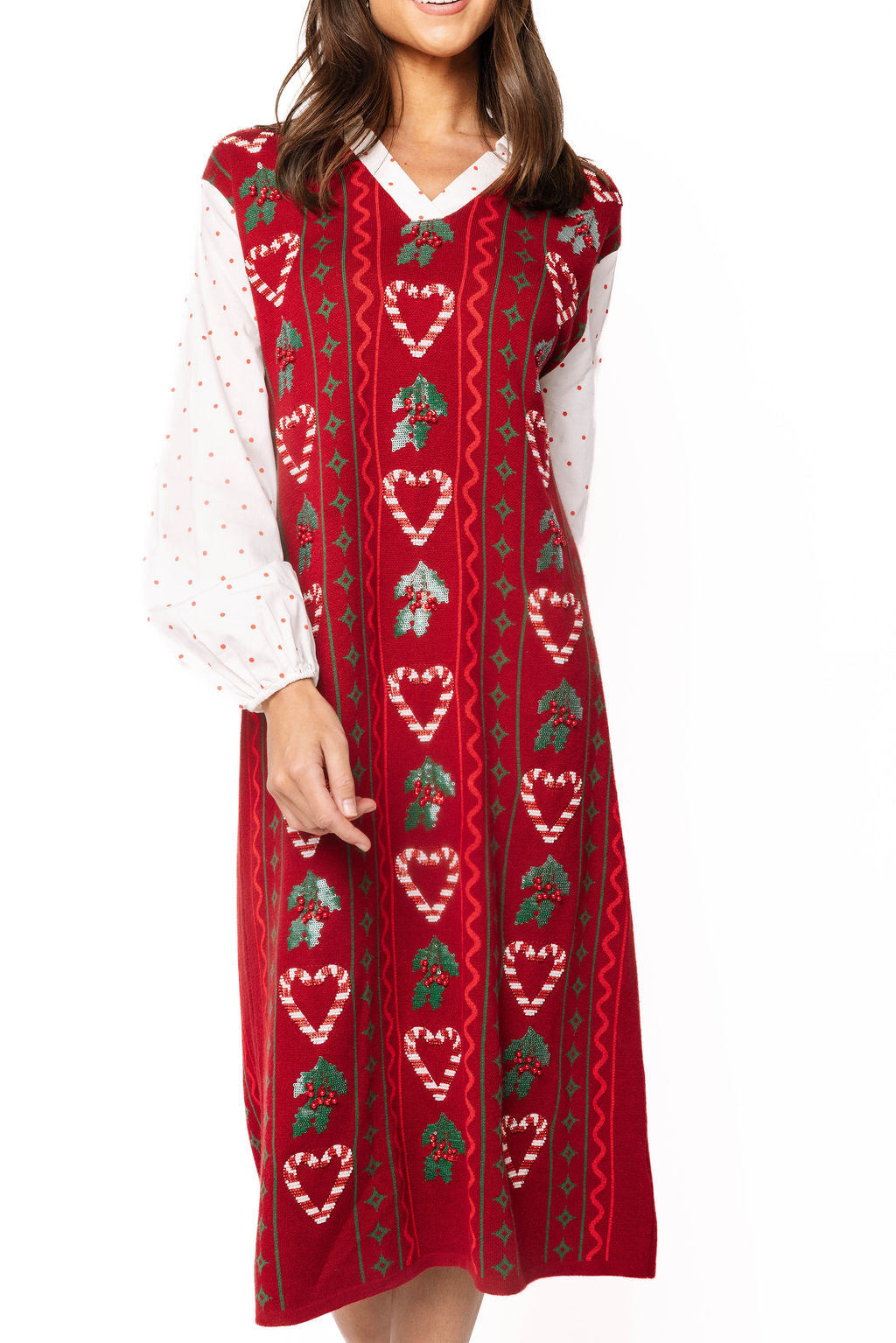 Red 3D Holly & Candy Cane Knit Midi Dress