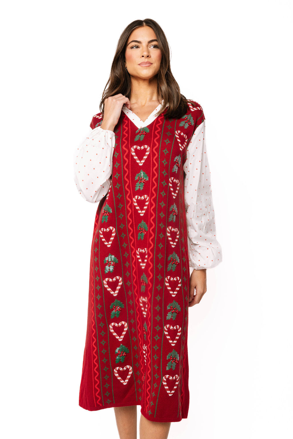 Red 3D Holly & Candy Cane Knit Midi Dress