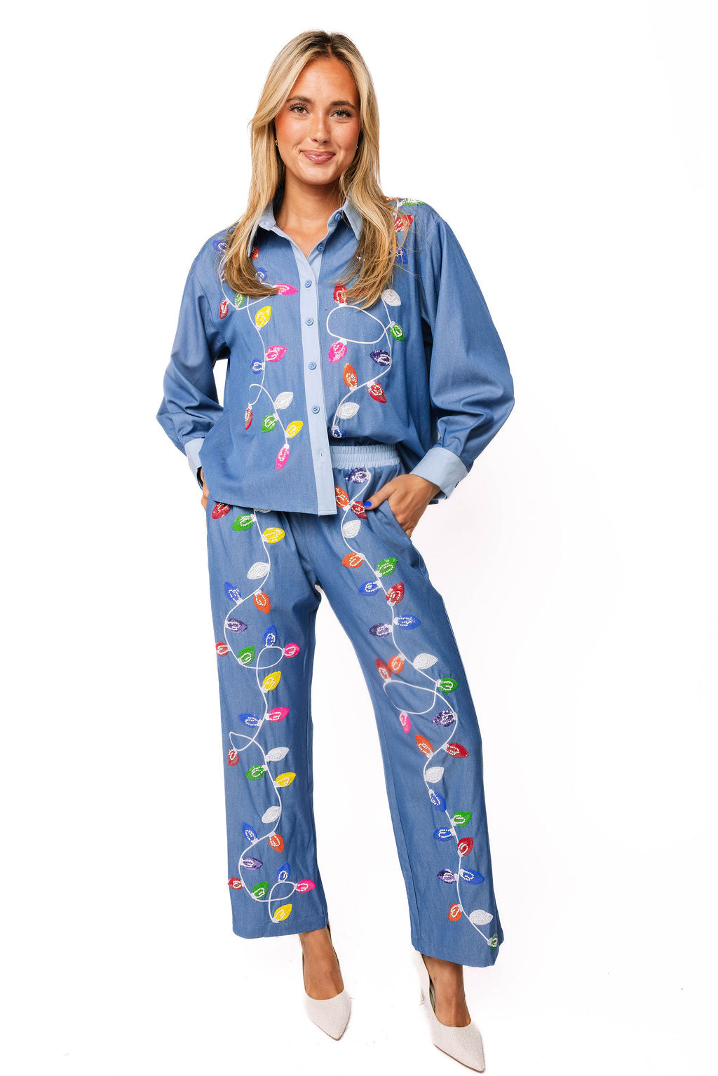 Sample Chambray Button Up Christmas Light Top & Pants Set