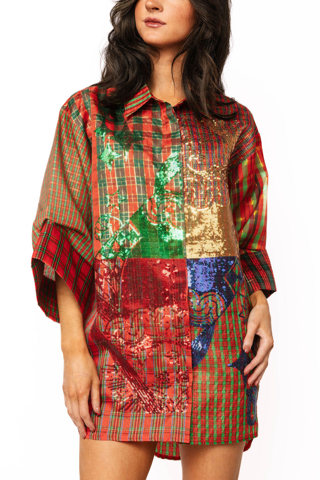 Christmas Plaid Colorblock Metallic QOS Card Logo Tunic