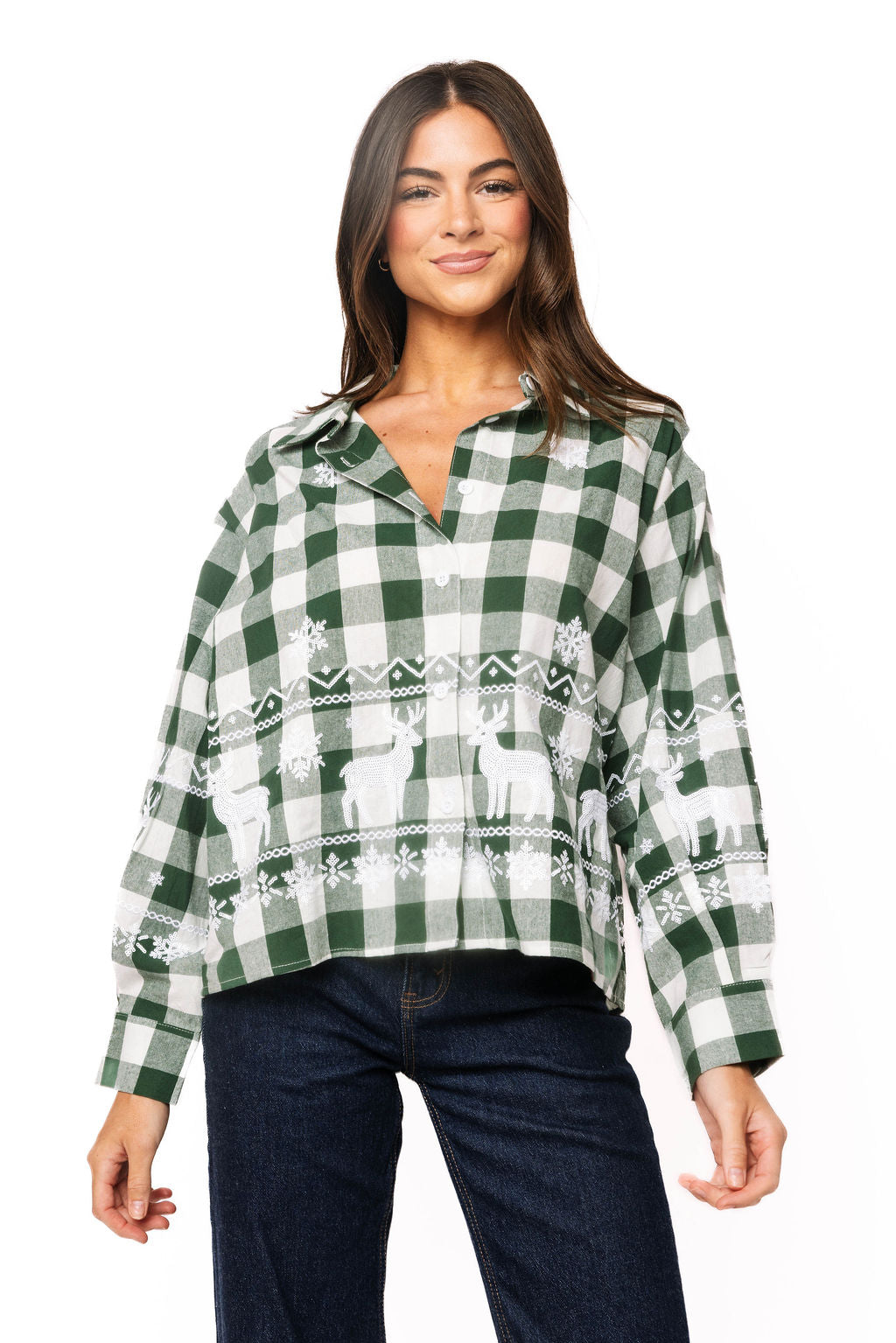 Sample Green & White Plaid Reindeer & Snowflake Button Up Long Sleeve Top