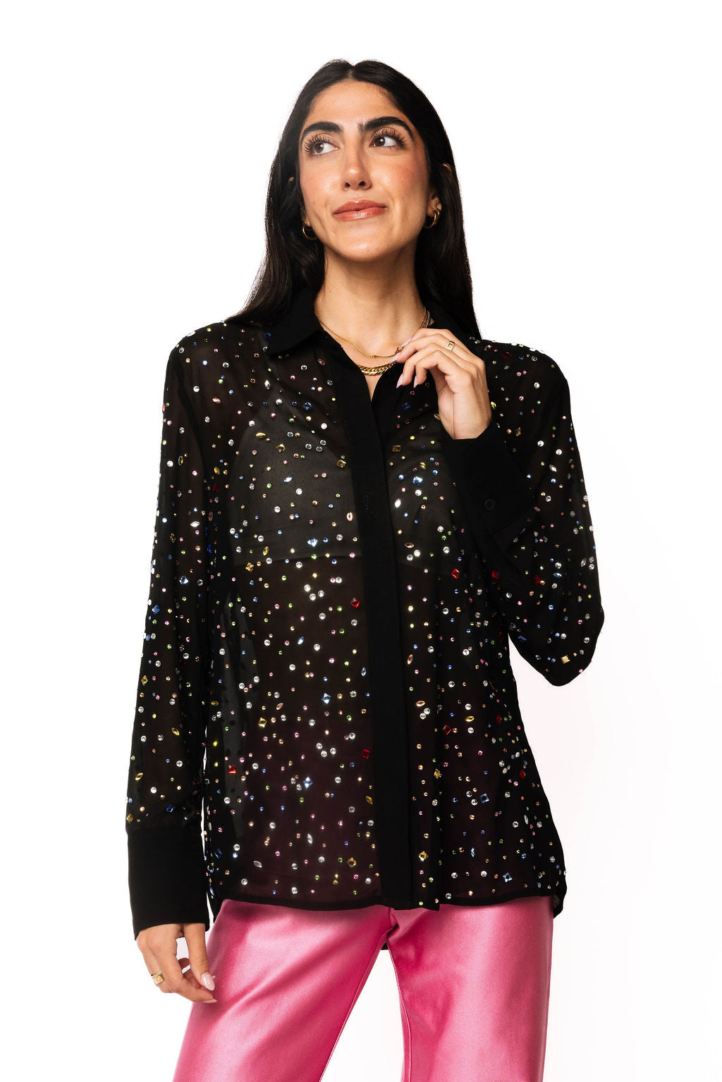 Black Multi Rhinestone Button Up Top