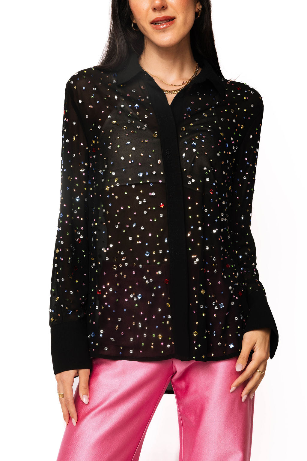 Black Multi Rhinestone Button Up Top