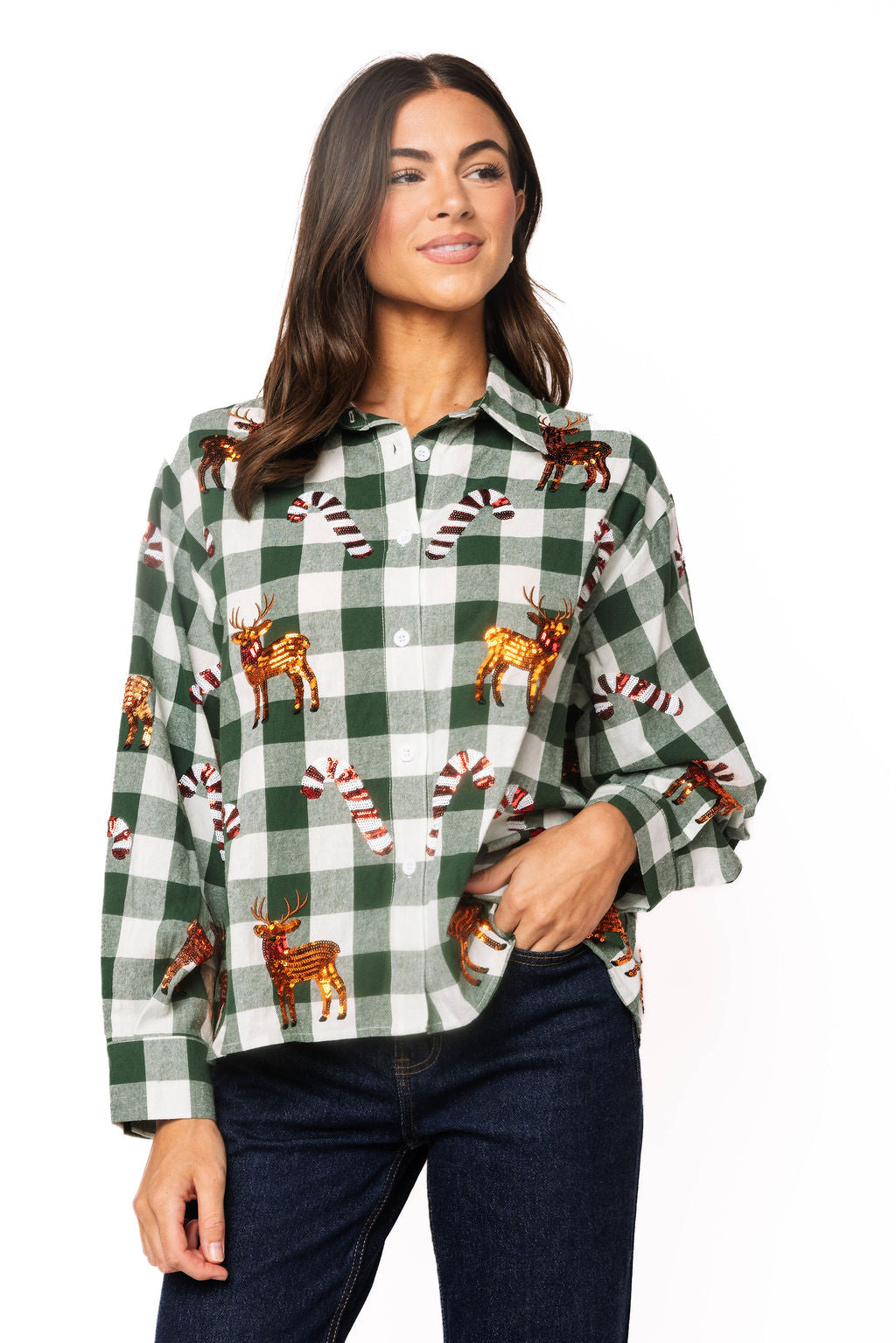 Green & White Plaid Reindeer and Candy Cane Button Up Top