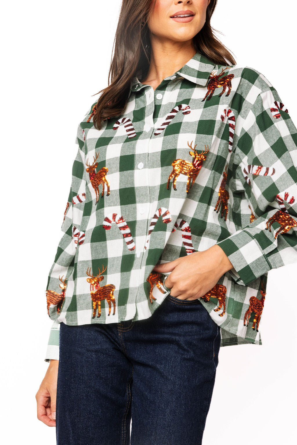 Green & White Plaid Reindeer and Candy Cane Button Up Top
