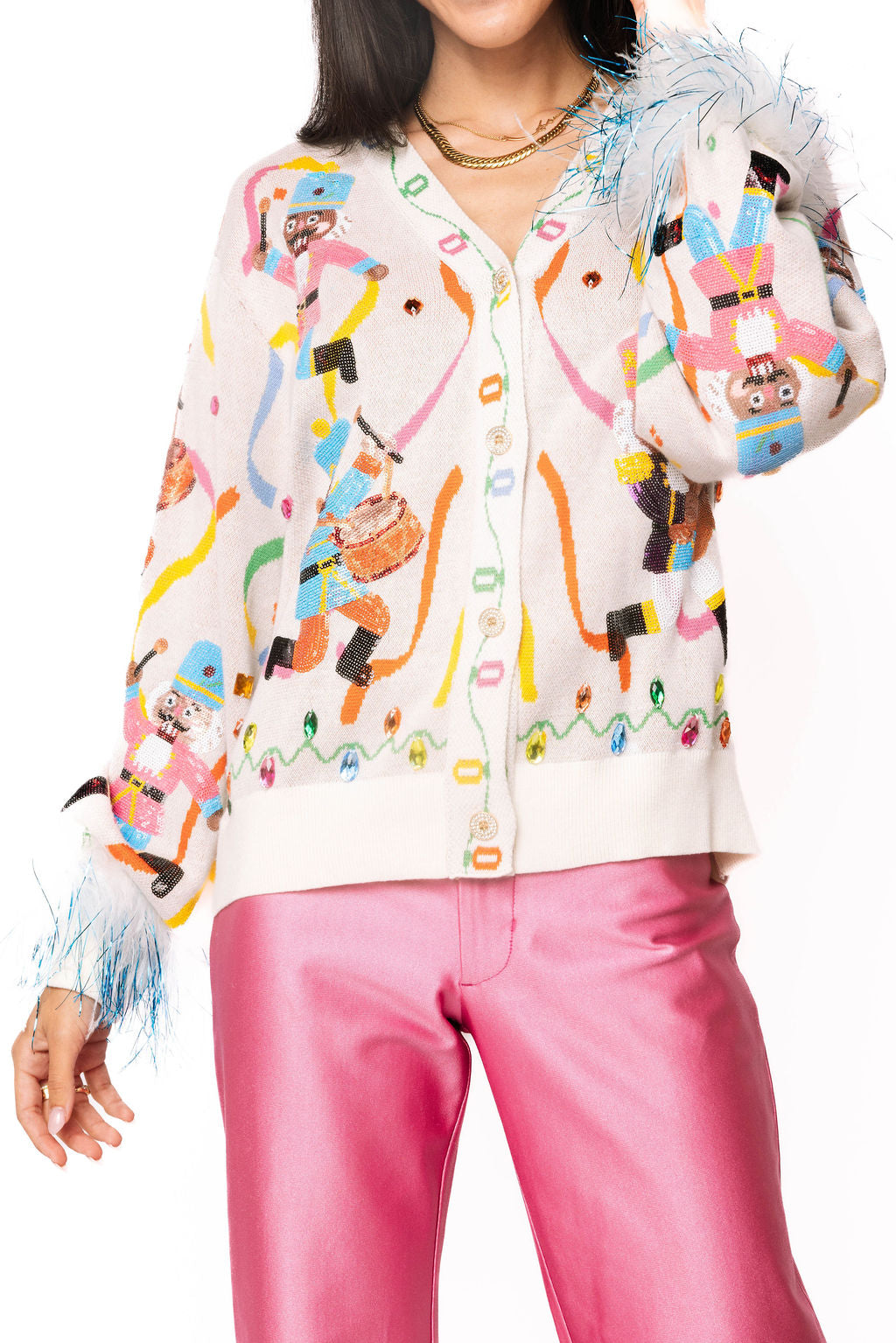 Multi Drumming Nutcracker Button Up Feather Sleeve Cardigan