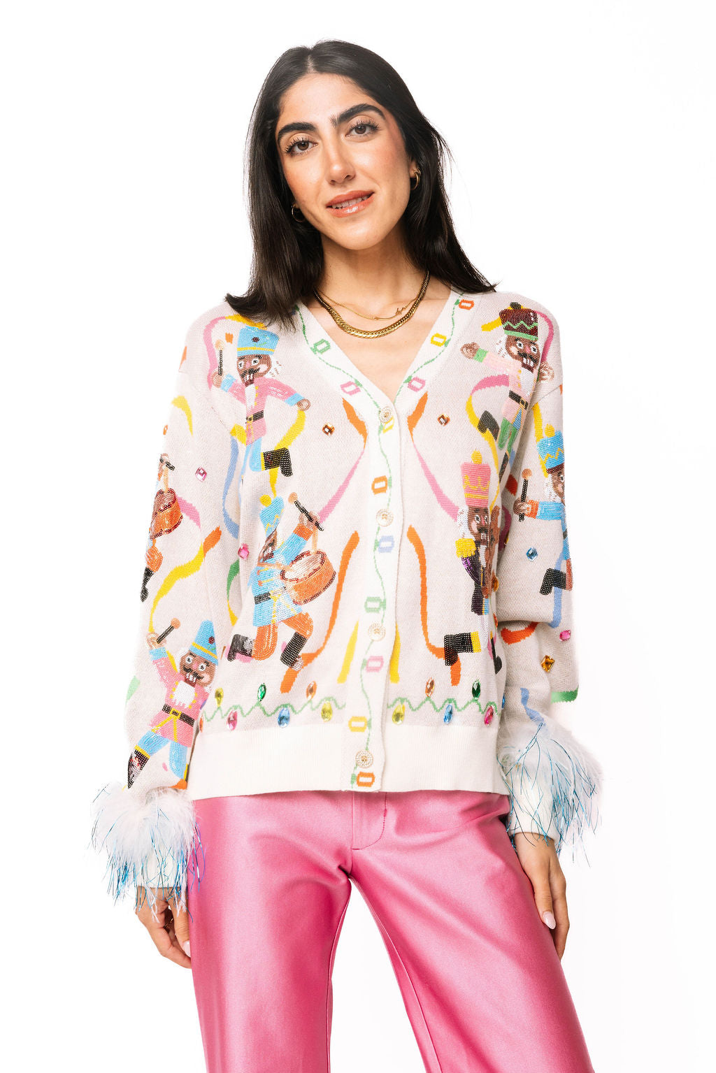 Multi Drumming Nutcracker Button Up Feather Sleeve Cardigan