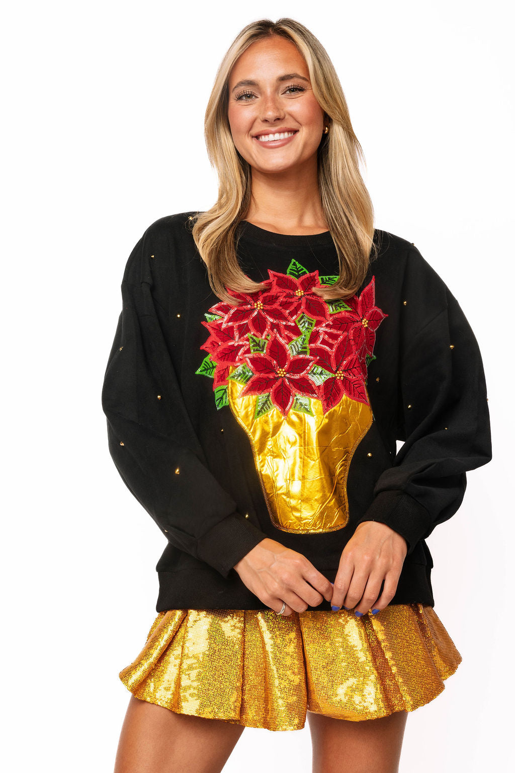 Black Poinsettia in Gold Flower Pot Rhinestone Sweatshirt