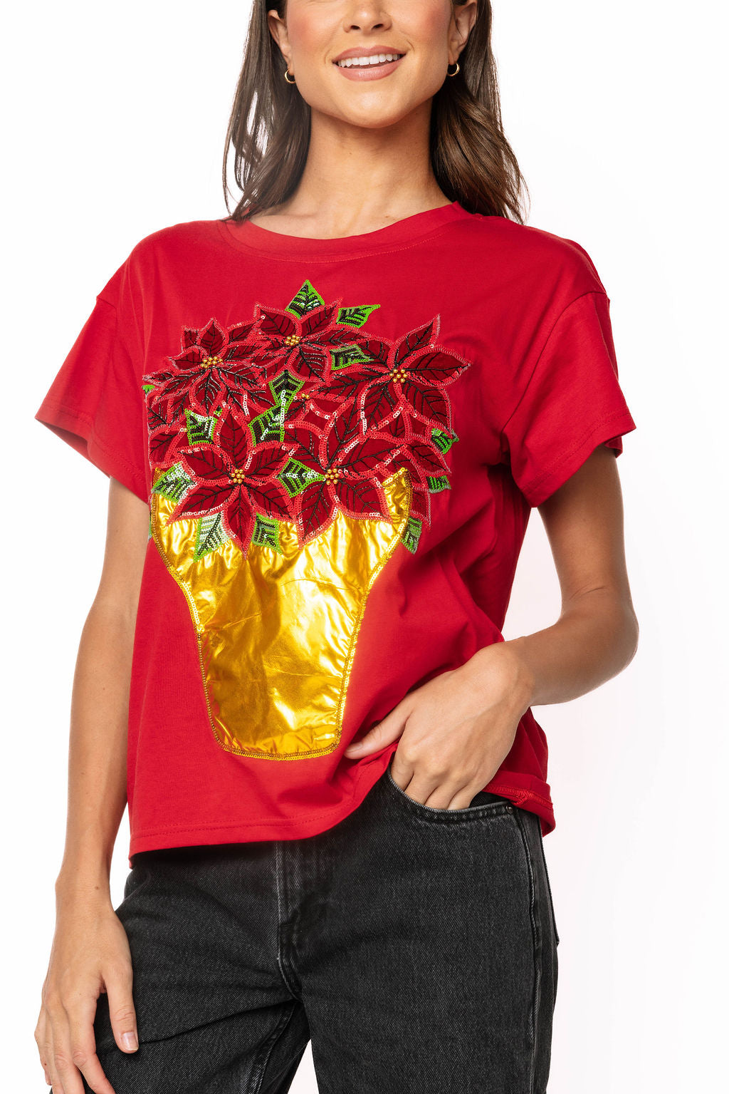Red Poinsettia in Gold Flower Pot Tee
