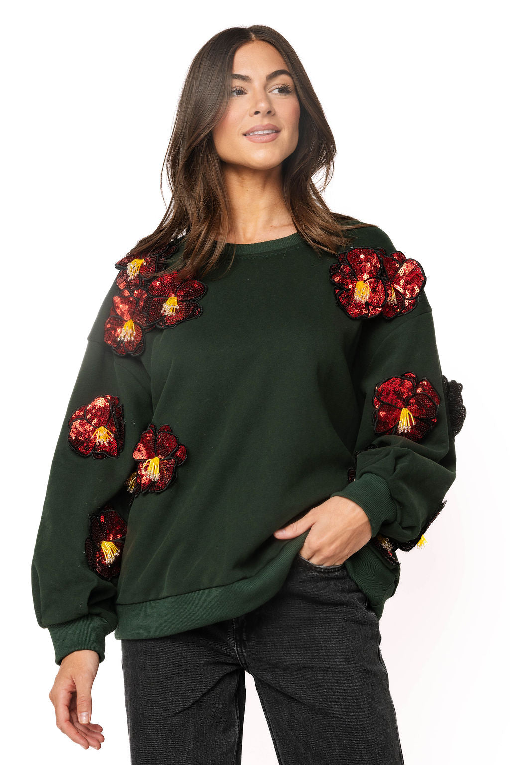 Sample Dark Green 3D Red Sequin Flower Sweatshirt