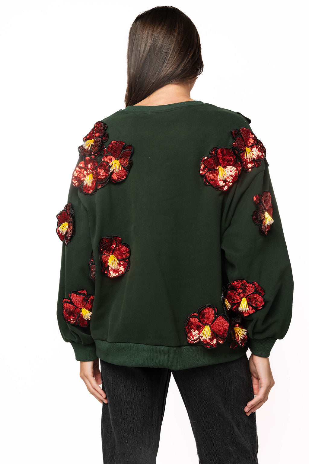 Sample Dark Green 3D Red Sequin Flower Sweatshirt