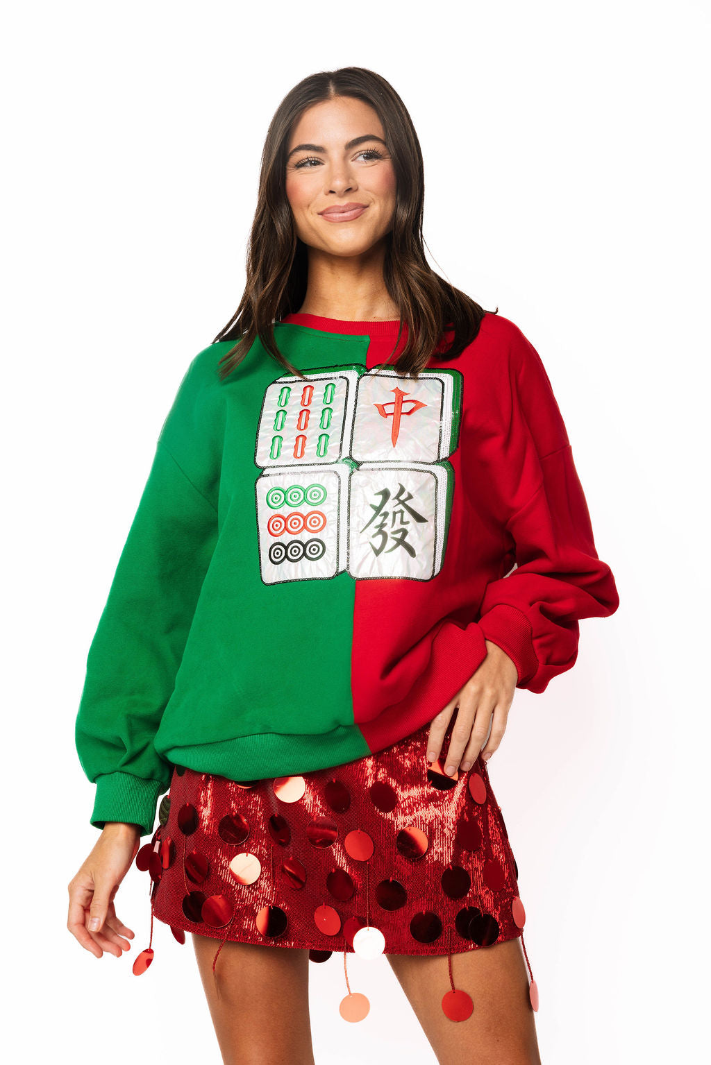 Red & Green Colorblock Christmas Mahjong Tile Sweatshirt
