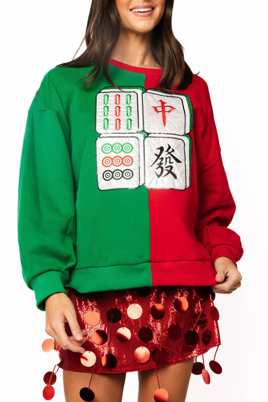 Red & Green Colorblock Christmas Mahjong Tile Sweatshirt