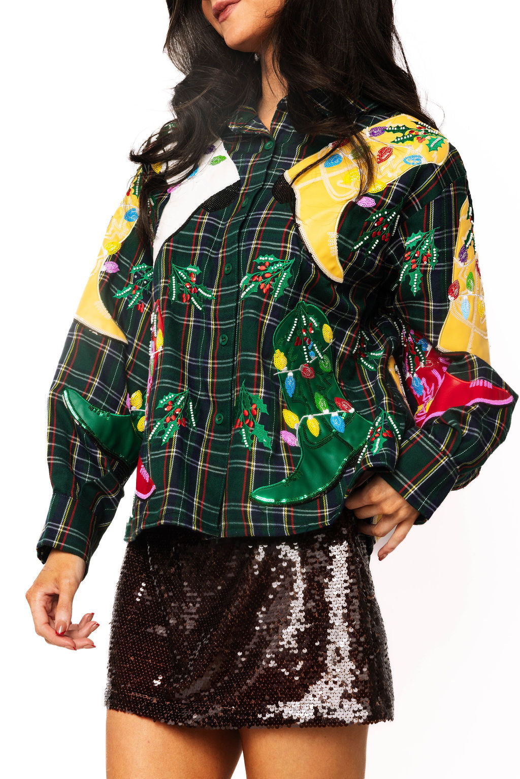 Dark Green Plaid Multi Christmas Cowboy Boots Button Up Top