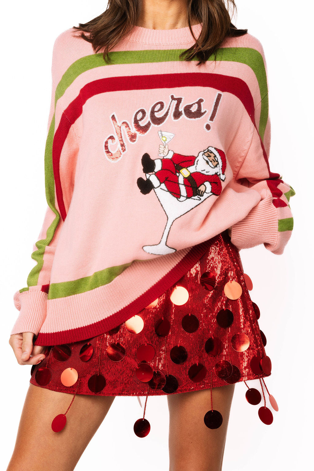 Light Pink, Red & Green Striped 'Cheers' Santa in Martini Sweater